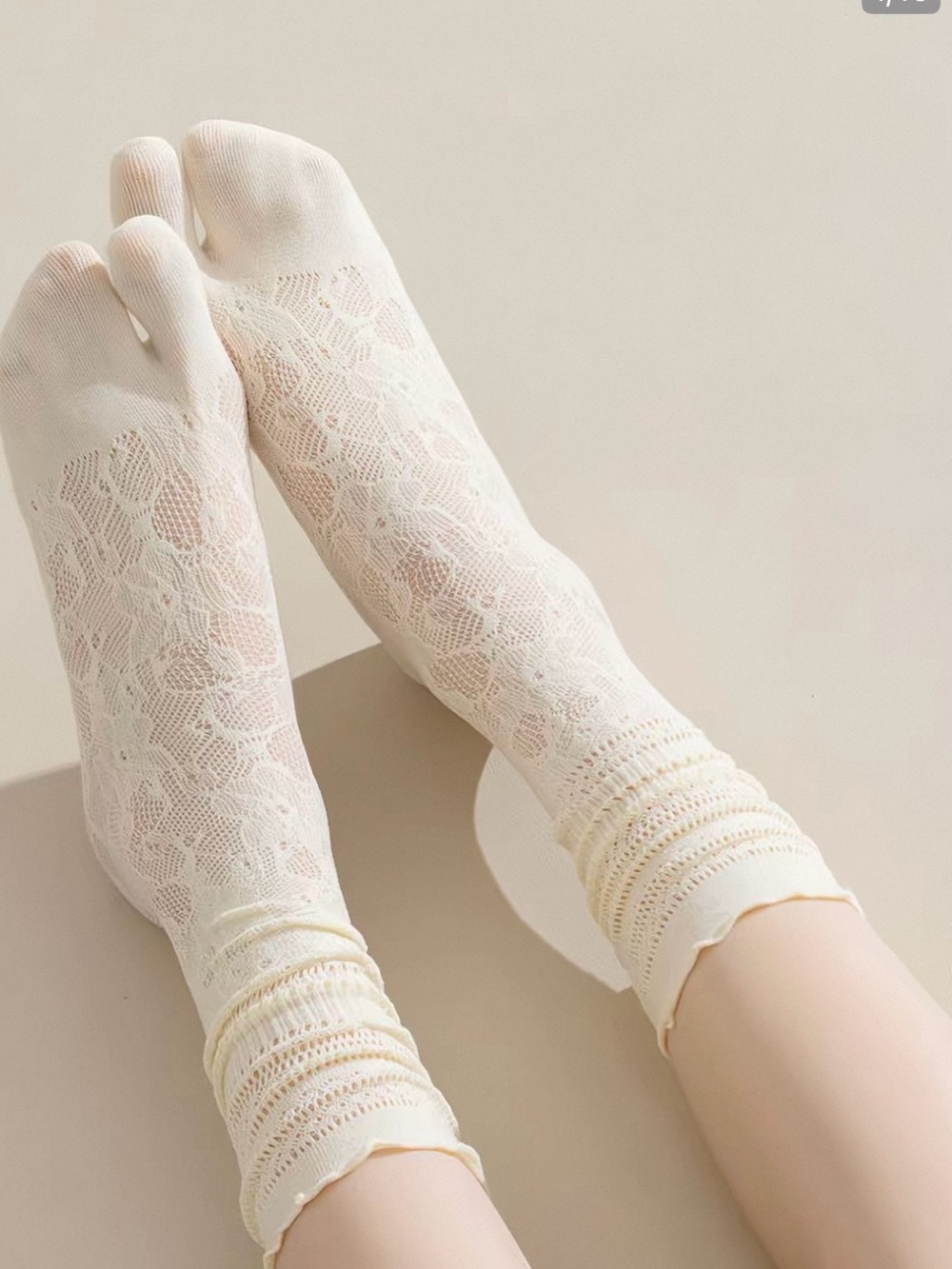 Women’s Lace Tabi Socks Split Toe Floral Sheer Crew Socks Black White